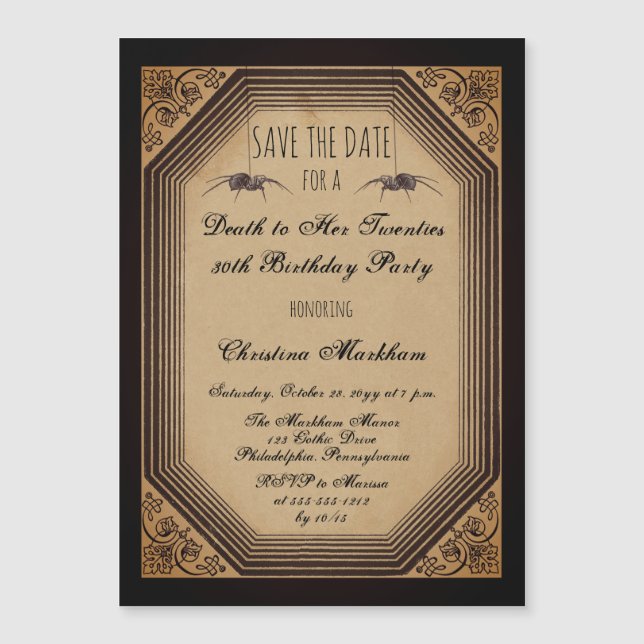Gothic Deco Death to Her 20s Birthday Party Save T Magnetic Invitation (Front)