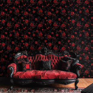 Gothic Deep Red Roses on Black Background Wallpaper