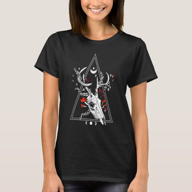 Gothic Deer Skull Moon Phase Witch Occult T-Shirt (Front)