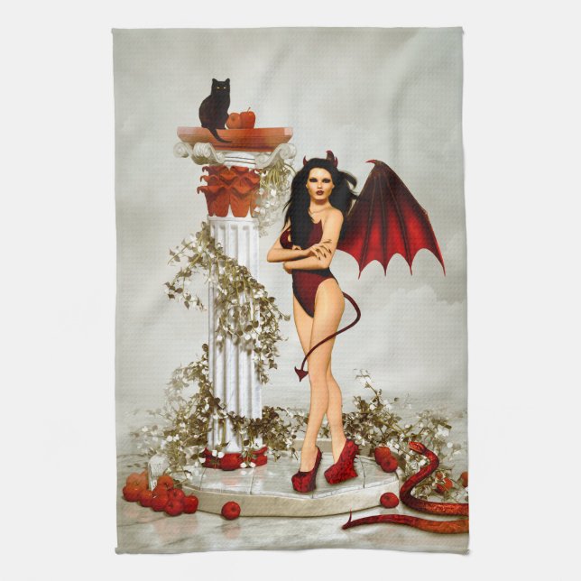 Gothic Devil Girl Temptation Tea Towel (Vertical)