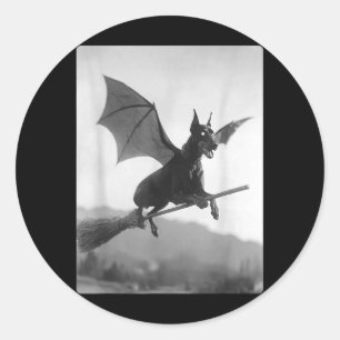 Gothic Doberman Witch Broom Bat Wings Spooky Classic Round Sticker