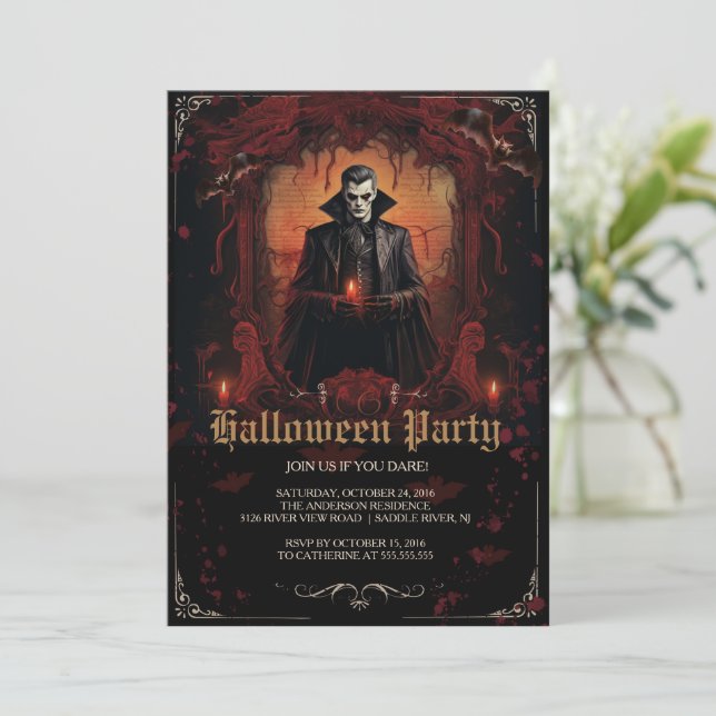 Gothic Dracula Halloween Party Invitation (Standing Front)