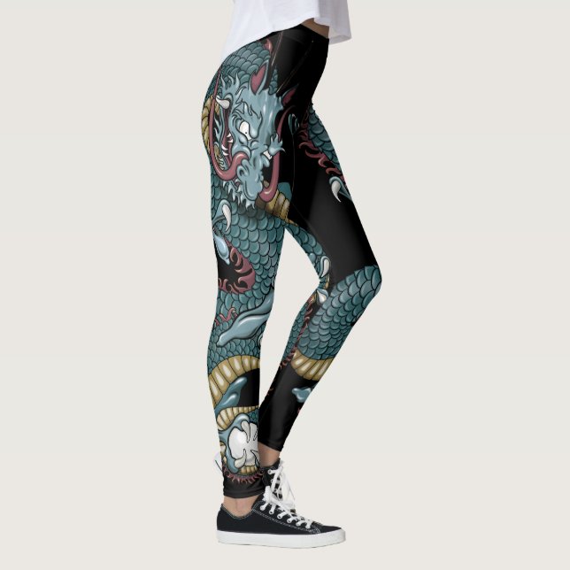 Gothic Dragon Tattoo on Black Leggings (Right)