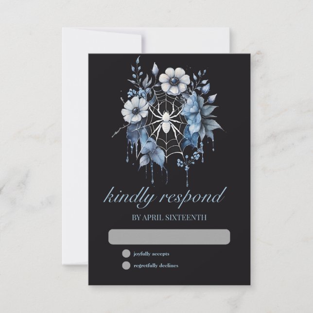 Gothic Dusty Blue Floral Spider Web Handfasting RSVP Card (Front)