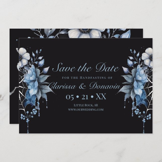 Gothic Dusty Blue Floral Spider Web Handfasting Save The Date (Front/Back)