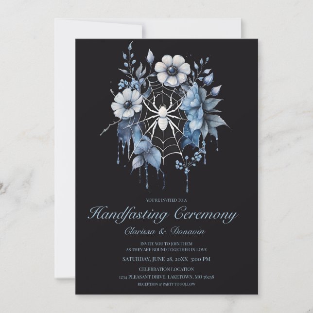 Gothic Dusty Blue Spider Floral Web Handfasting Invitation (Front)