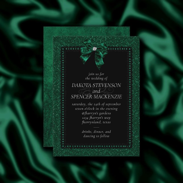 Gothic Elegance | Emerld Green Bow Moody Wedding Invitation (Creator Uploaded)