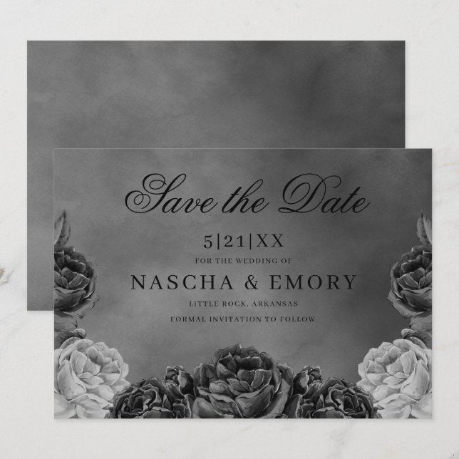 Gothic Elegance Grey Monochrome Rose Save The Date (Front/Back)