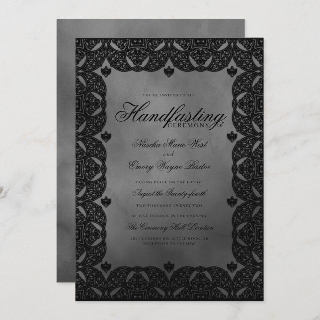 Gothic Elegance Mediaeval Black Lace Handasting Invitation (Front/Back)