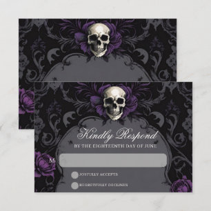 Gothic Elegance Purple Boho Skull Floral Wedding RSVP Card