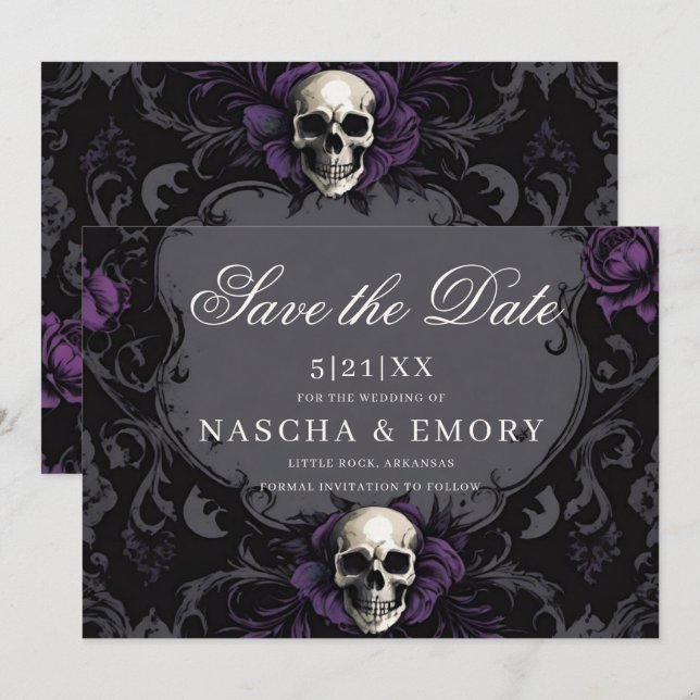 Gothic Elegance Purple Boho Skull Save The Date (Front/Back)