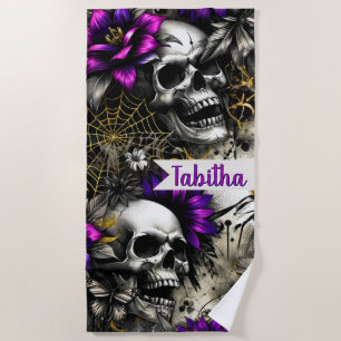 Gothic Elegance: Skull and Floral Design Beach Towel