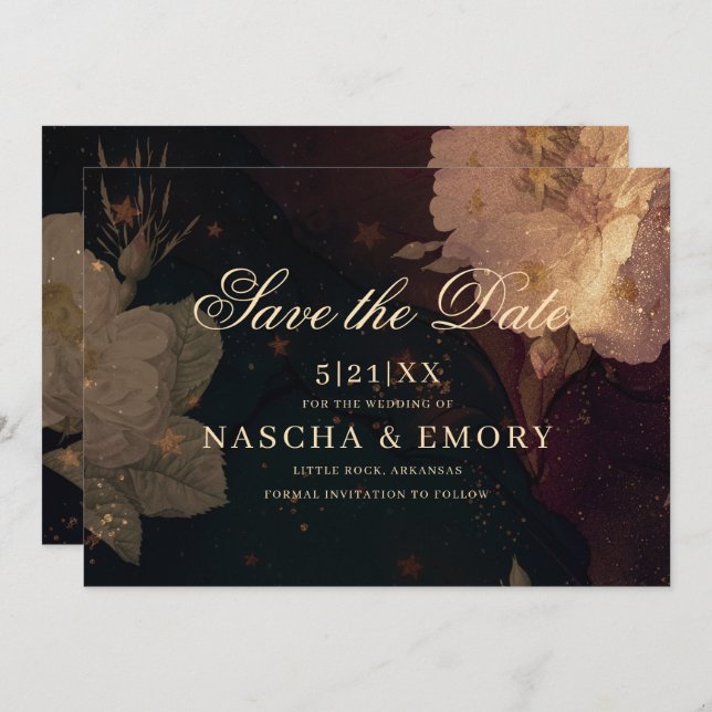 Gothic Elegant Dark Red Floral Boho Wedding Save The Date (Front/Back)