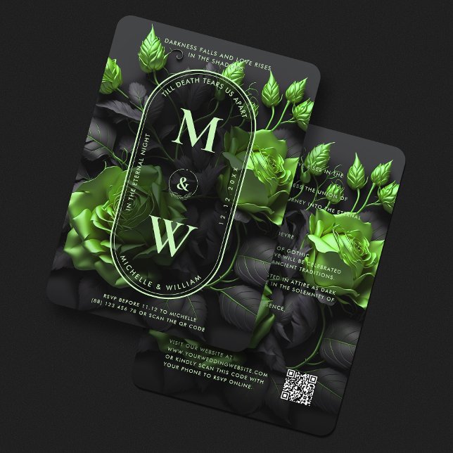 Gothic Elegant Floral Green Roses Modern Wedding  Invitation (Gothic Elegant Floral Green Roses Boho Wedding Invitation
)