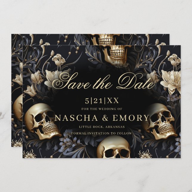 Gothic Elegant Floral Skulls Gold Wedding Save The Date (Front/Back)