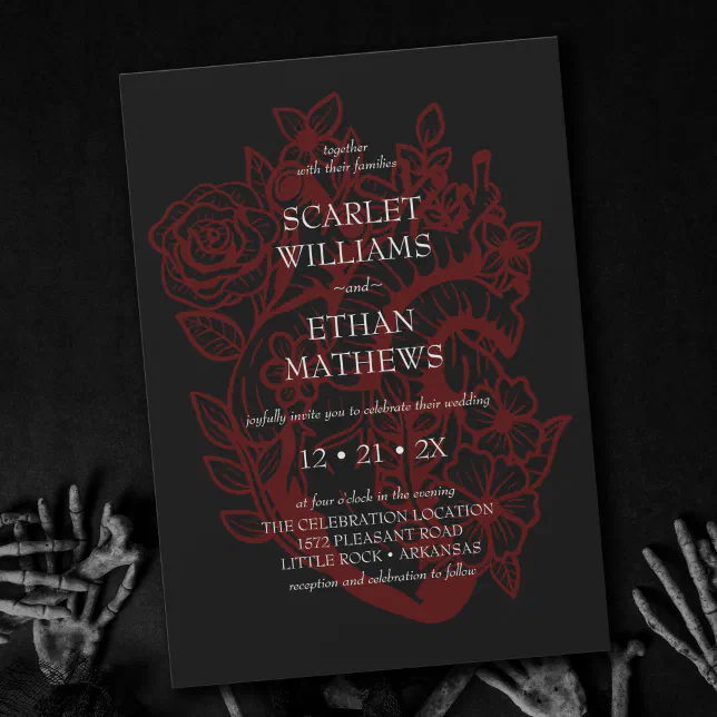 Gothic Elegant Red & Black Floral Heart Wedding In Invitation | Zazzle