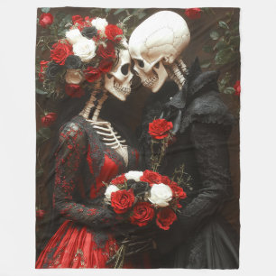 Gothic Elegant Skeleton Bride & Groom Black & Red Fleece Blanket