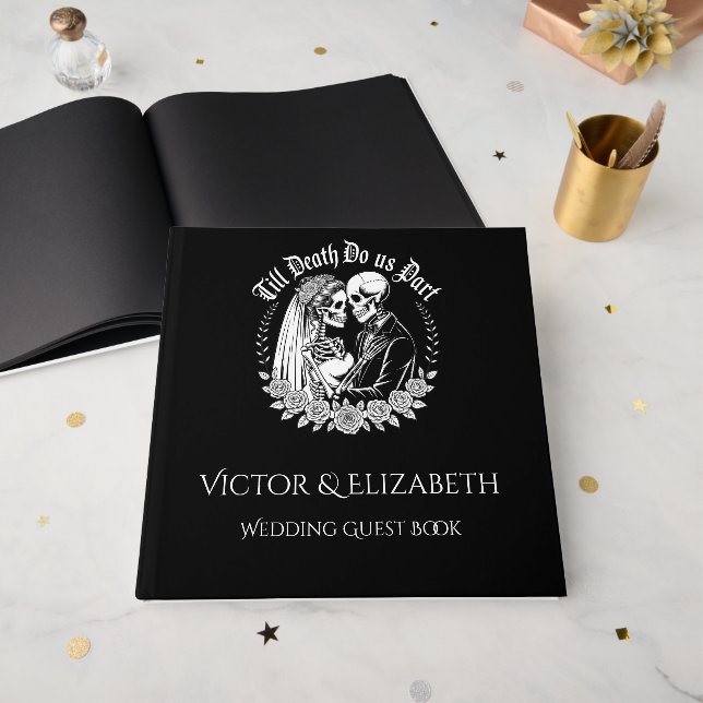 Gothic Elegant Till Death Black and White Wedding Guest Book (Front Open)
