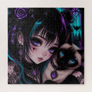 Gothic Emo Anime Girl & Cat Jigsaw Puzzle
