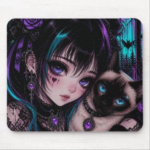Gothic Emo Anime Girl & Cat Mouse Pad