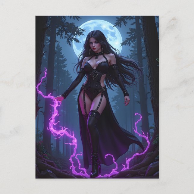 Gothic Enchantress Purple Lightning Moon Halloween Holiday Postcard (Front)