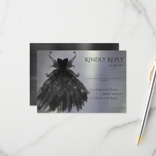 Gothic Fairy Black Gown | Vampy Glam Goth Sheen RSVP Card (Front/Back In Situ)