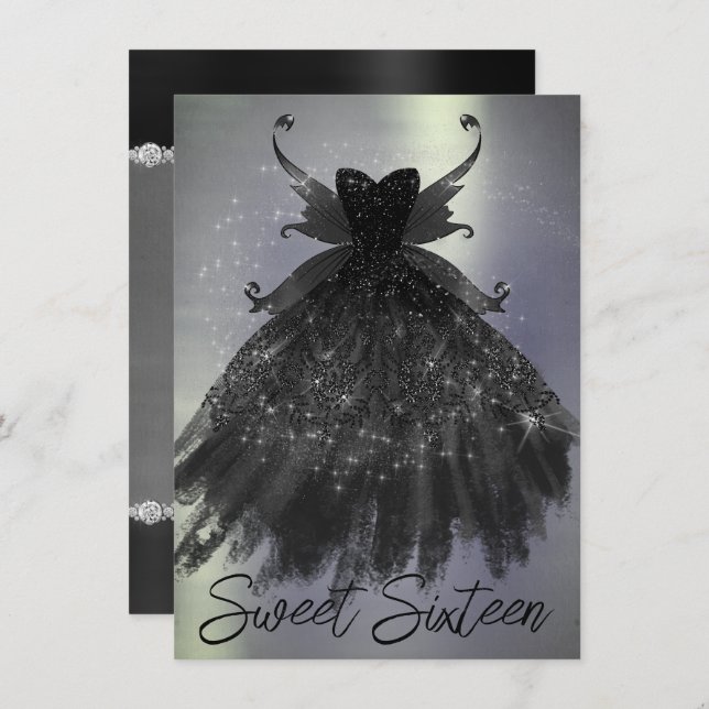 Gothic Fairy Black Gown | Vampy Goth Glam Sheen Invitation (Front/Back)
