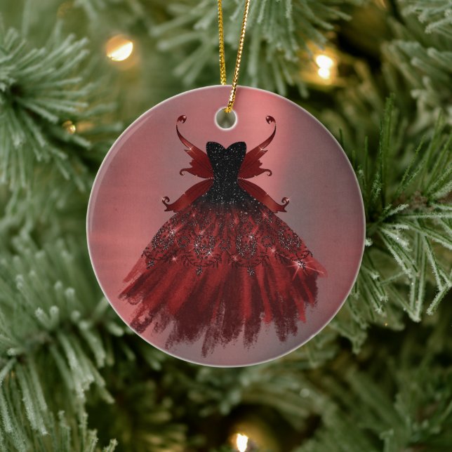 Gothic Fairy Crimson Gown | Deep Radiant Red Sheen Ceramic Ornament (Tree)