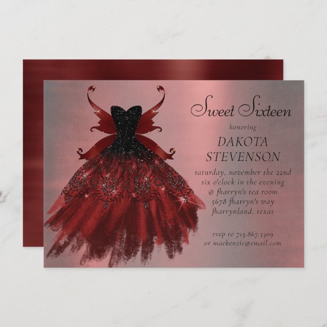 Gothic Fairy Crimson Gown | Deep Radiant Red Sheen Invitation (Front/Back)