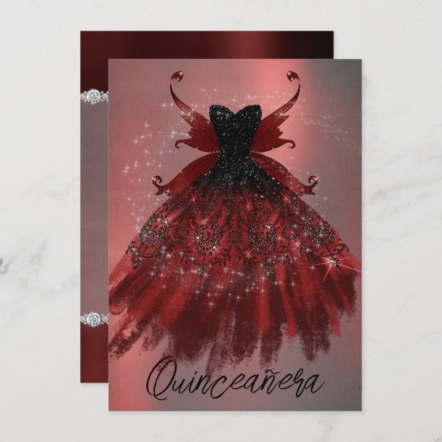 Gothic Fairy Crimson Gown | Deep Radiant Red Sheen Invitation (Front/Back)