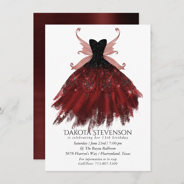 Gothic Fairy Crimson Gown | Deep Radiant Red Sheen Invitation (Front/Back)