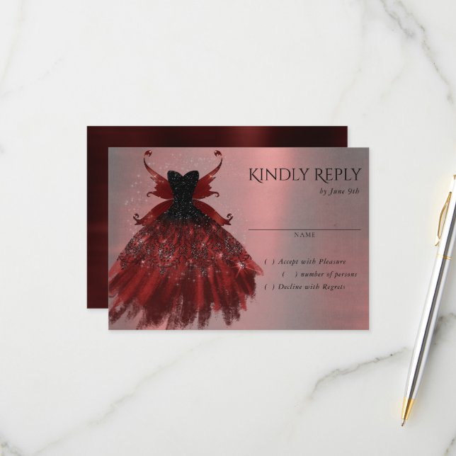 Gothic Fairy Crimson Gown | Deep Radiant Red Sheen RSVP Card (Front/Back In Situ)