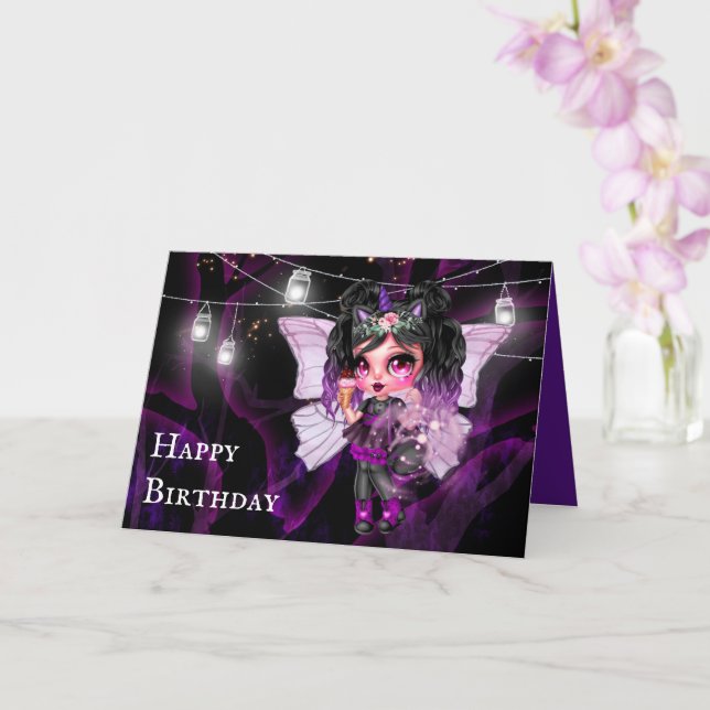 Gothic fairy girl string lights birthday card (Orchid)