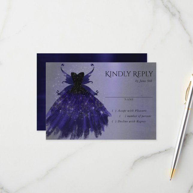 Gothic Fairy Indigo Gown | Deep Royal Purple Sheen RSVP Card (Front/Back In Situ)
