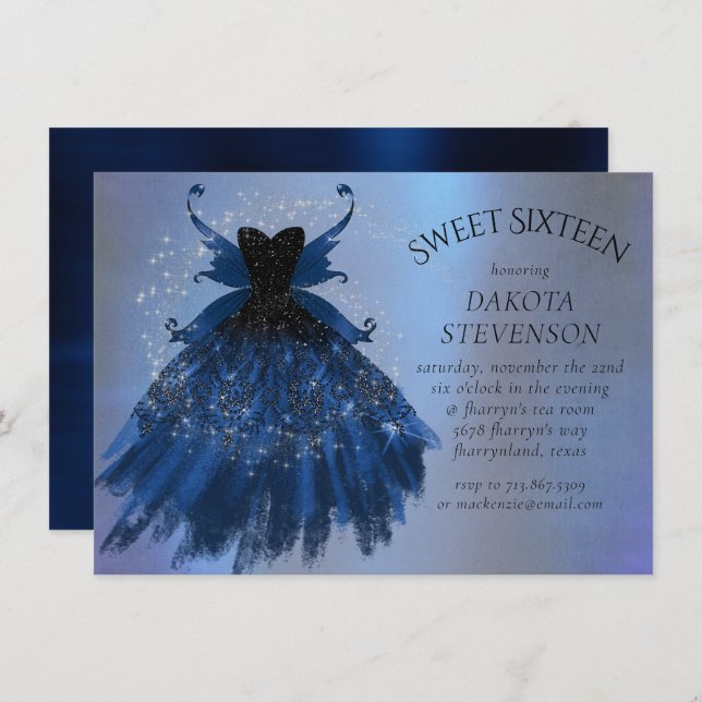 Gothic Fairy Navy Gown | Deep Cobalt Blue Sheen Invitation (Front/Back)