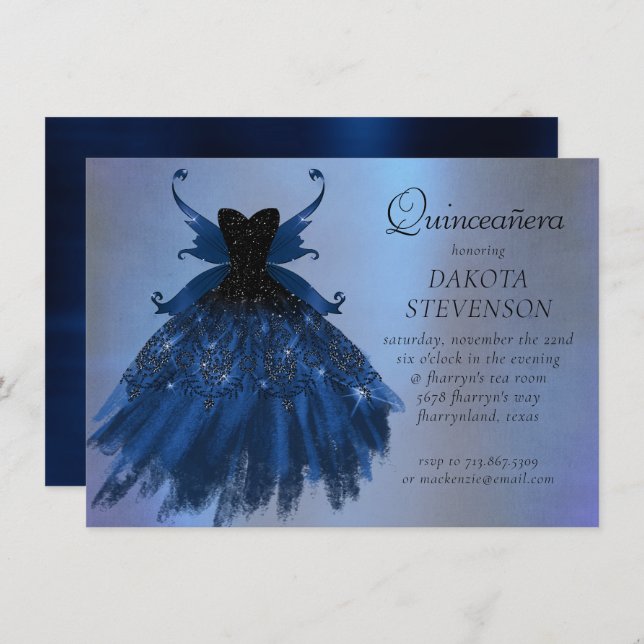 Gothic Fairy Navy Gown | Deep Cobalt Blue Sheen Invitation (Front/Back)