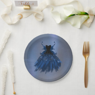 Gothic Fairy Navy Gown Deep Cobalt Blue Sheen Paper Plate