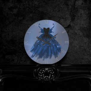 Gothic Fairy Navy Gown   Deep Cobalt Blue Sheen Round Clock