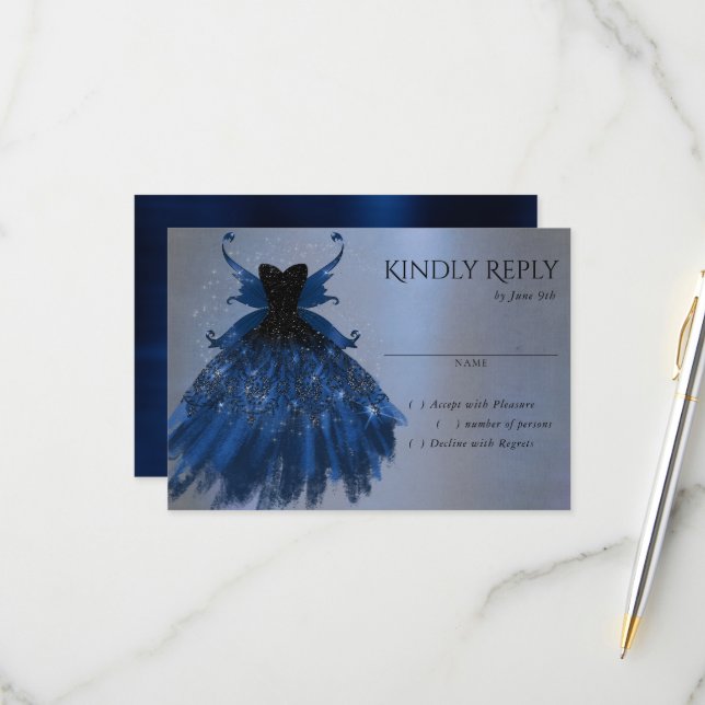 Gothic Fairy Navy Gown | Deep Cobalt Blue Sheen RSVP Card (Front/Back In Situ)