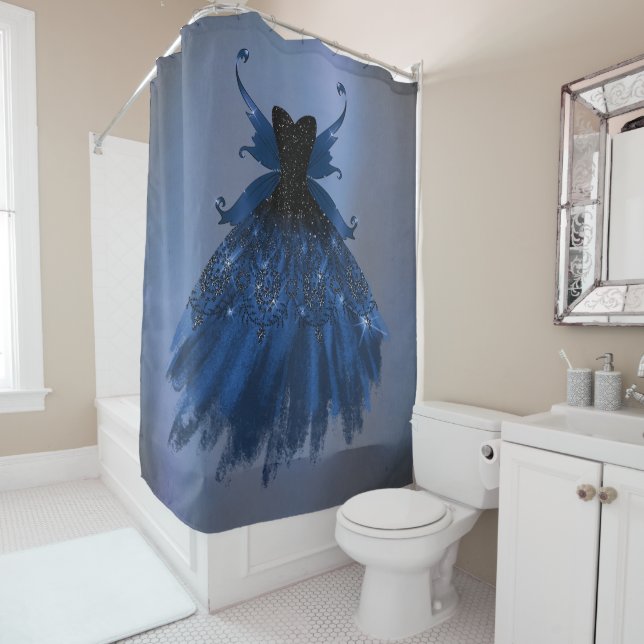 Gothic Fairy Navy Gown | Deep Cobalt Blue Sheen Shower Curtain (In Situ)