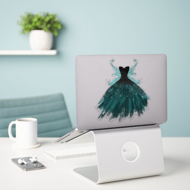 Gothic Fairy Teal Gown | Deep Midnight Green Sheen (Laptop On Desk)