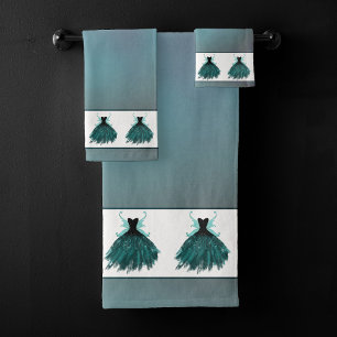 Gothic Fairy Teal Gown Deep Midnight Green Sheen Bath Towel Set