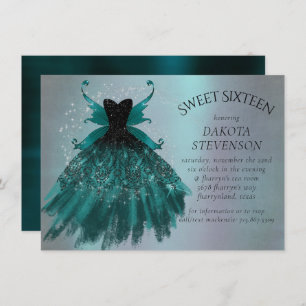Gothic Fairy Teal Gown   Deep Midnight Green Sheen Invitation