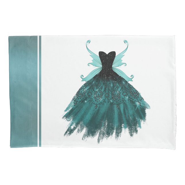 Gothic Fairy Teal Gown | Deep Midnight Green Sheen Pillowcase (Front)