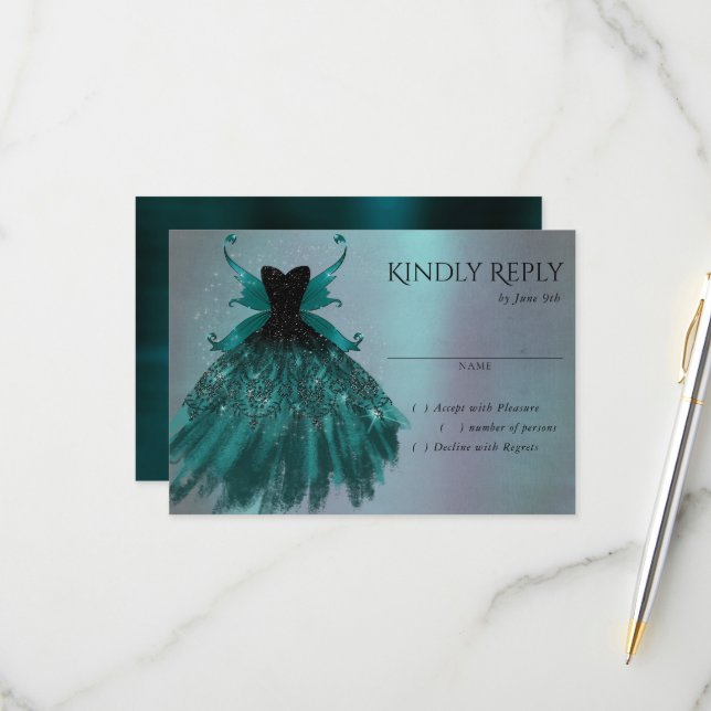 Gothic Fairy Teal Gown | Deep Midnight Green Sheen RSVP Card (Front/Back In Situ)