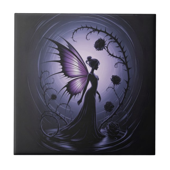 Gothic Fairy with Black Roses - Dark and E Phantas Ceramic Tile (Front)