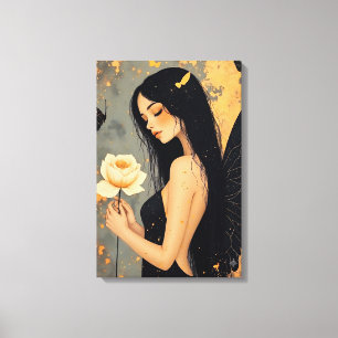 Gothic Fairy with White Wings and Rose   Canvas Print