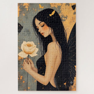 Gothic Fairy with White Wings and Rose Jigsaw Puzzle
