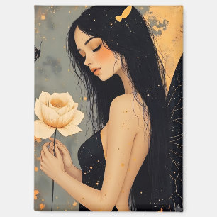 Gothic Fairy with White Wings and Rose   Magnet