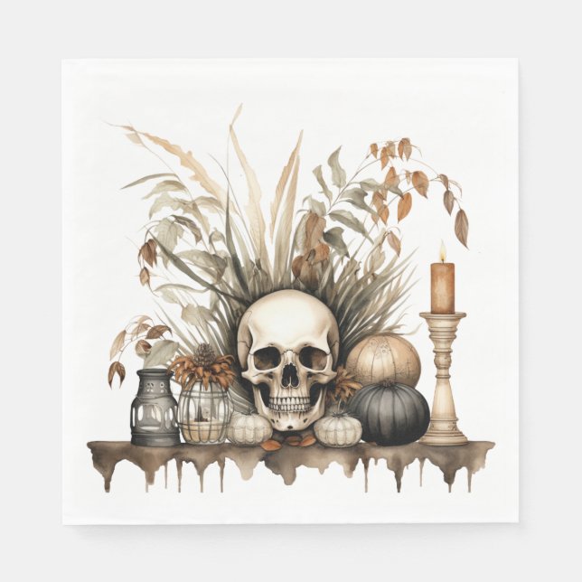 Gothic Fall – Skull and Pampas Grass Party Napkin (Front)
